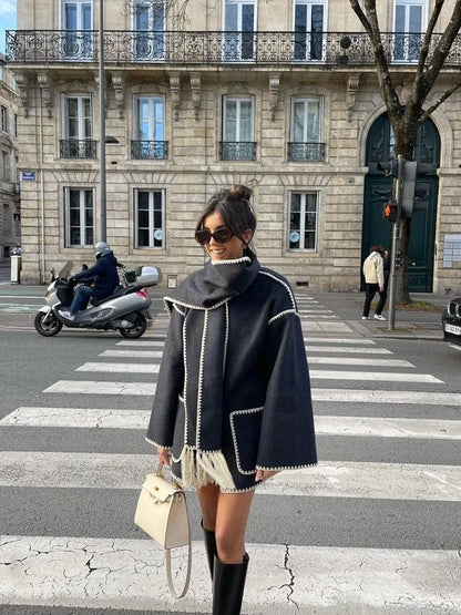 Riley | Women's Embroidered Buttoned Coat with Scarf