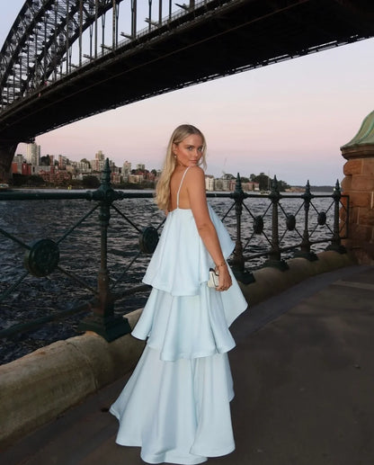 Stevie | Women's Spaghetti Strap Tiered Ruffle Satin Maxi Wedding Guest Dress