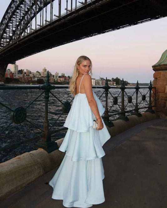 Stevie | Women's Spaghetti Strap Tiered Ruffle Satin Maxi Wedding Guest Dress