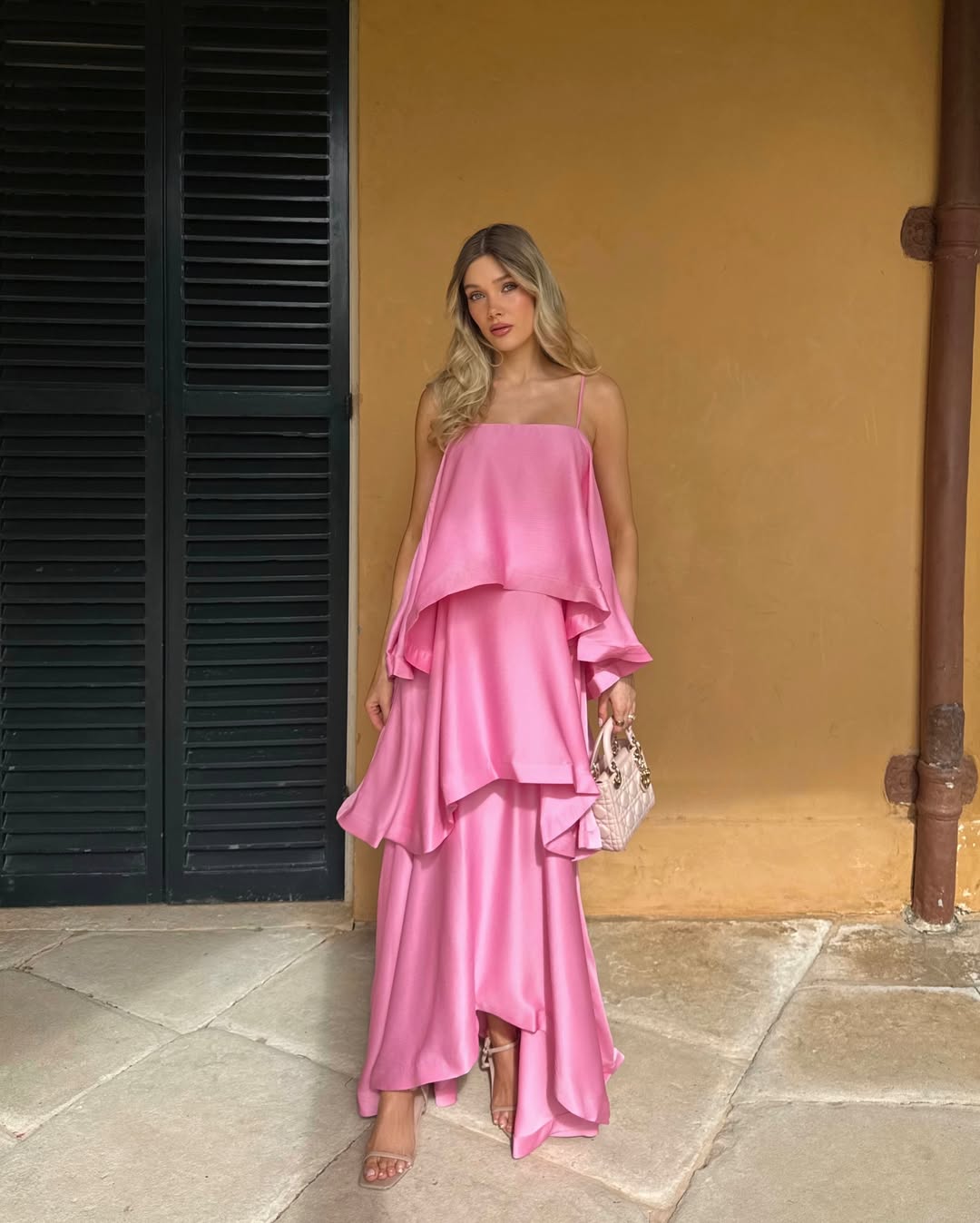 Stevie | Women's Spaghetti Strap Tiered Ruffle Satin Maxi Wedding Guest Dress