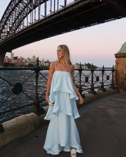 Stevie | Women's Spaghetti Strap Tiered Ruffle Satin Maxi Wedding Guest Dress