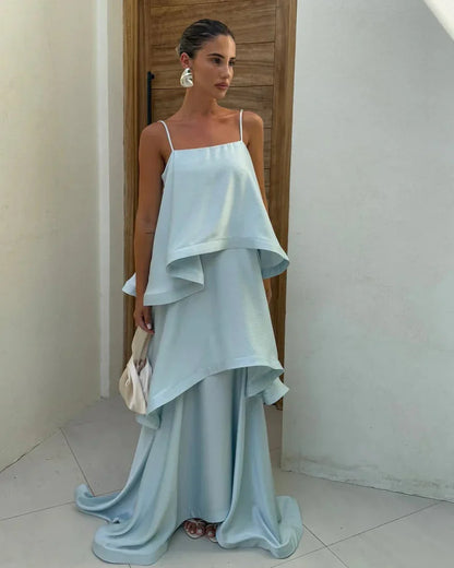 Stevie | Women's Spaghetti Strap Tiered Ruffle Satin Maxi Wedding Guest Dress