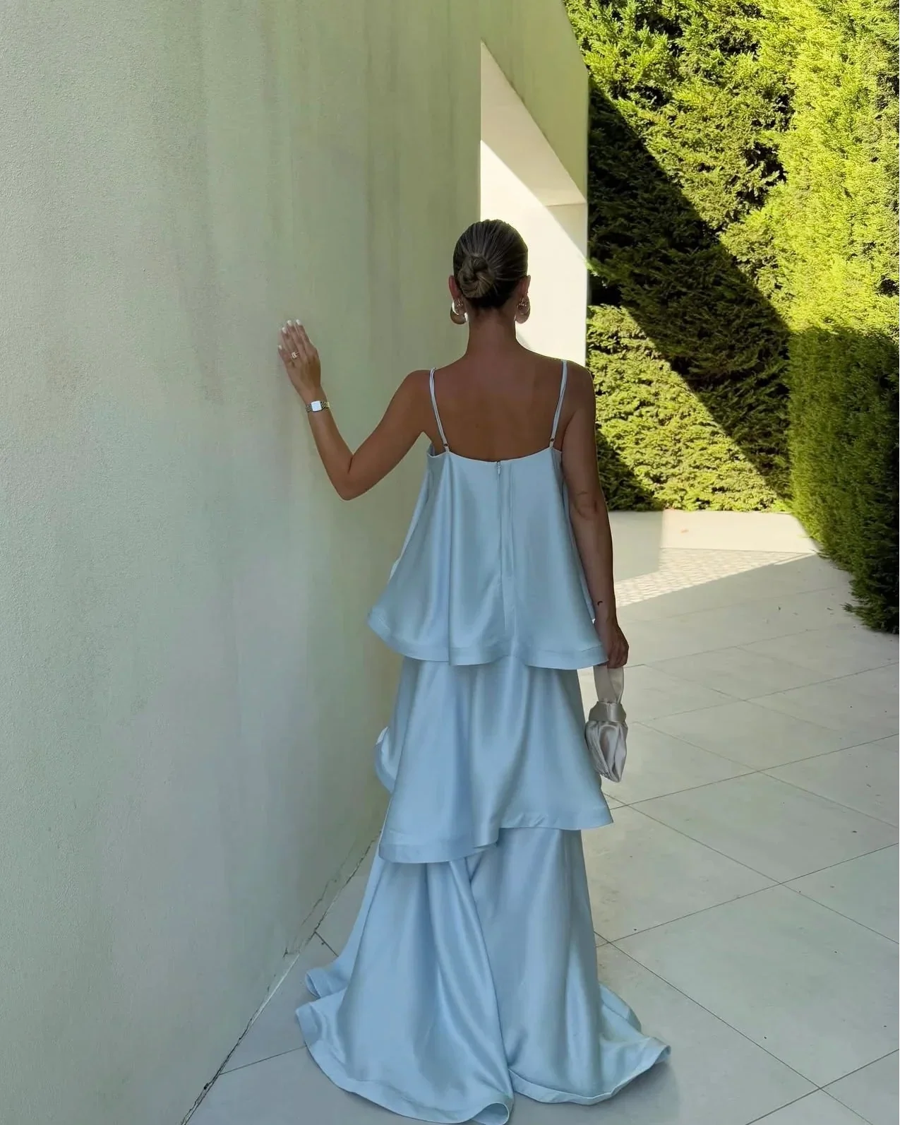 Stevie | Women's Spaghetti Strap Tiered Ruffle Satin Maxi Wedding Guest Dress