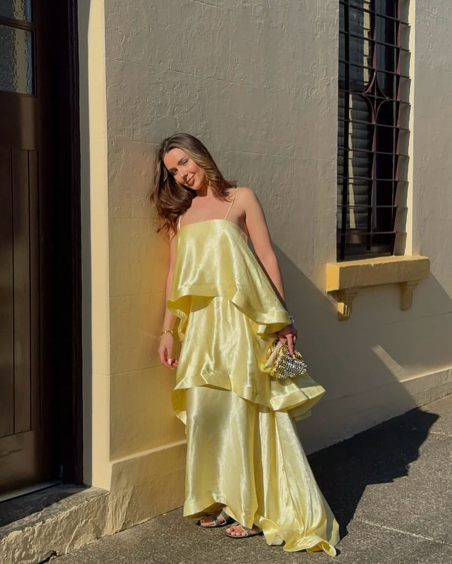 Stevie | Women's Spaghetti Strap Tiered Ruffle Satin Maxi Wedding Guest Dress