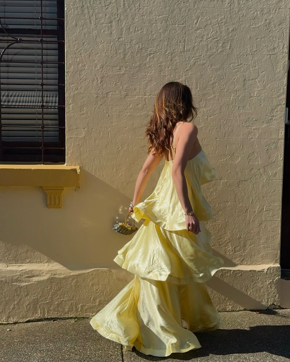 Stevie | Women's Spaghetti Strap Tiered Ruffle Satin Maxi Wedding Guest Dress