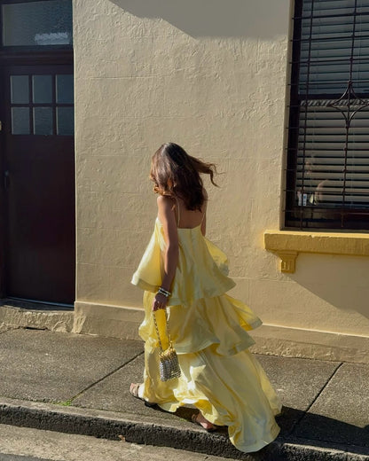 Stevie | Women's Spaghetti Strap Tiered Ruffle Satin Maxi Wedding Guest Dress