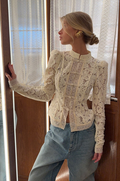Susan | Women's Floral Lace Mandarin Collar Button Front Cardigan