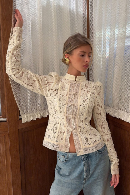 Susan | Women's Floral Lace Mandarin Collar Button Front Cardigan