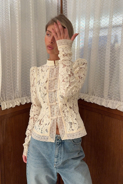 Susan | Women's Floral Lace Mandarin Collar Button Front Cardigan