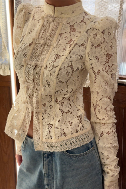 Susan | Women's Floral Lace Mandarin Collar Button Front Cardigan