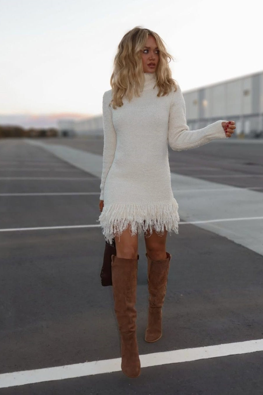 Sydney | Women's Fuzzy Knit Turtleneck Fringe Hem Sweater Dress