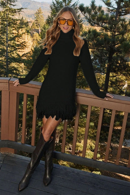 Sydney | Women's Fuzzy Knit Turtleneck Fringe Hem Sweater Dress