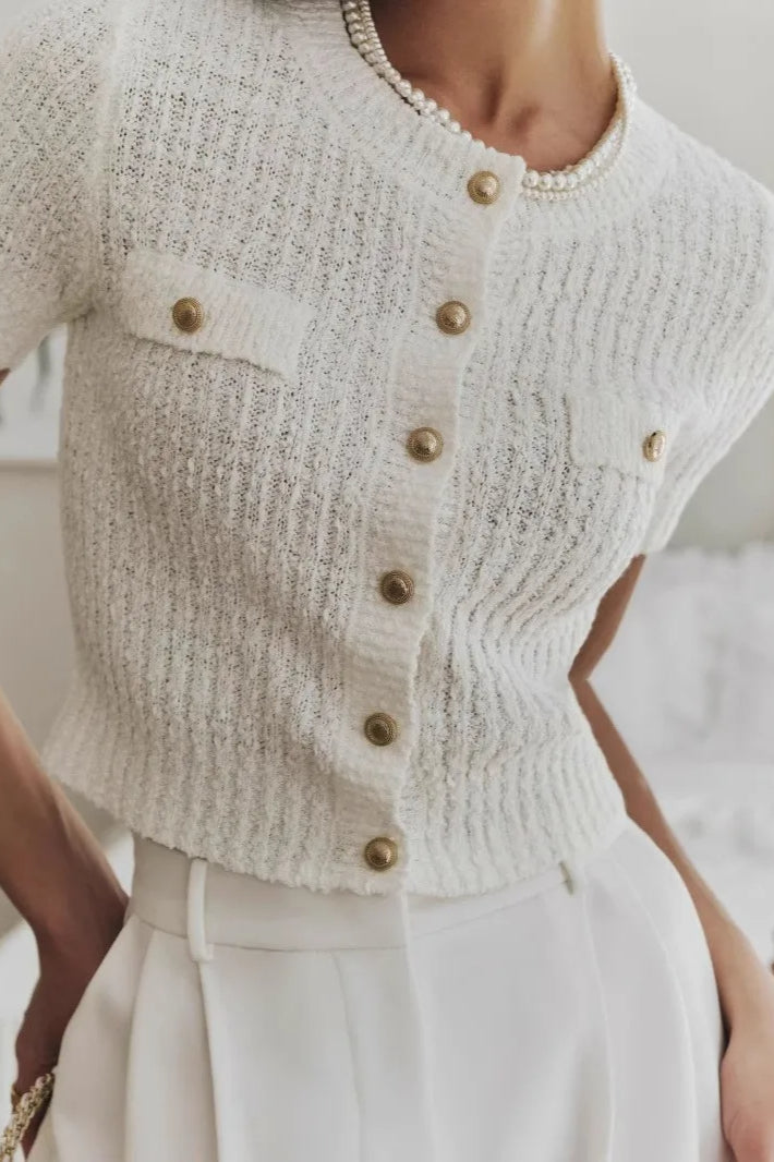 Taryn | Women's Textured Knit Button Front Short Sleeve Cardigan