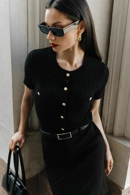 Taryn | Women's Textured Knit Button Front Short Sleeve Cardigan