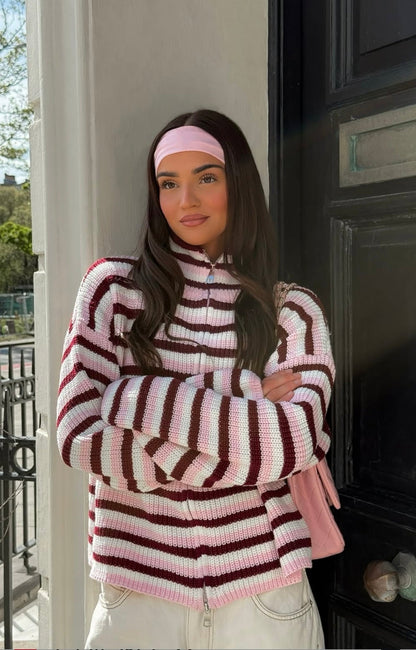 Tori | Women's Oversized Striped Zip Up Knit Sweater