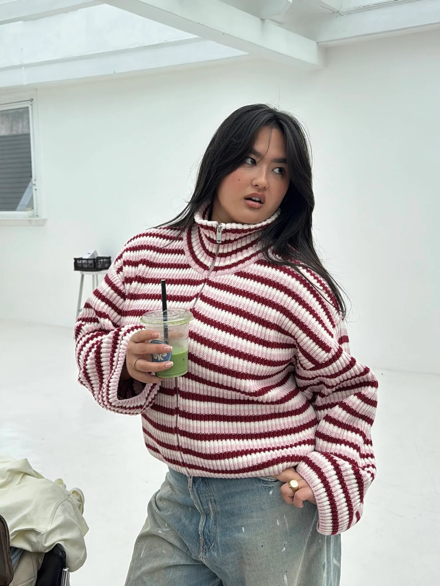 Tori | Women's Oversized Striped Zip Up Knit Sweater