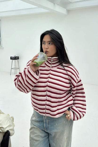 Tori | Women's Oversized Striped Zip Up Knit Sweater