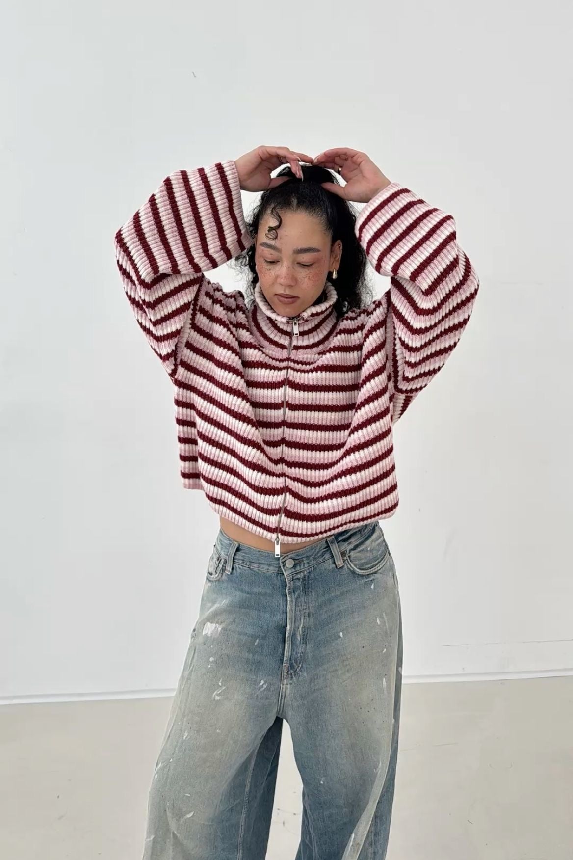 Tori | Women's Oversized Striped Zip Up Knit Sweater