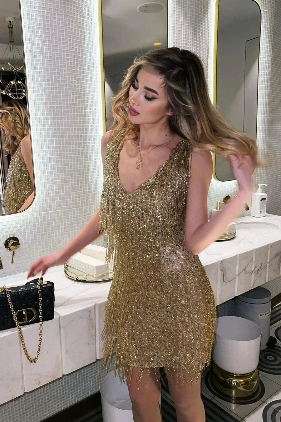Celine | Women's Sleeveless Glitter Fringes Mini Party Dress