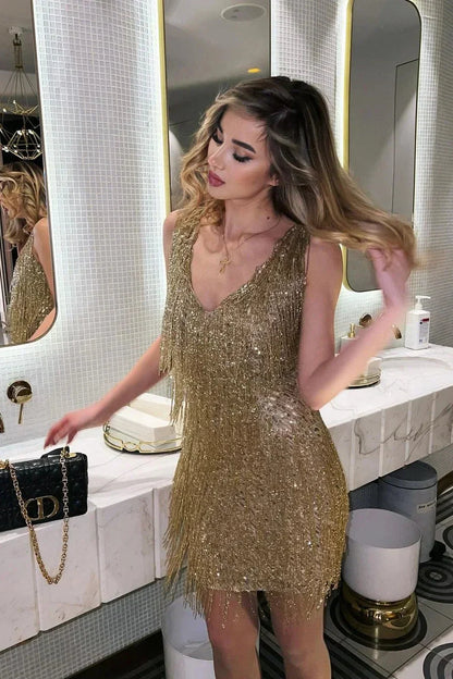 Celine | Women's Sleeveless Glitter Fringes Mini Party Dress