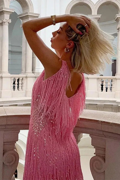 Celine | Women's Sleeveless Glitter Fringes Mini Party Dress
