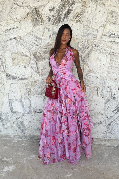 Coral | Women's Floral Sleeveless Ruffle Maxi Wedding Guest Dress