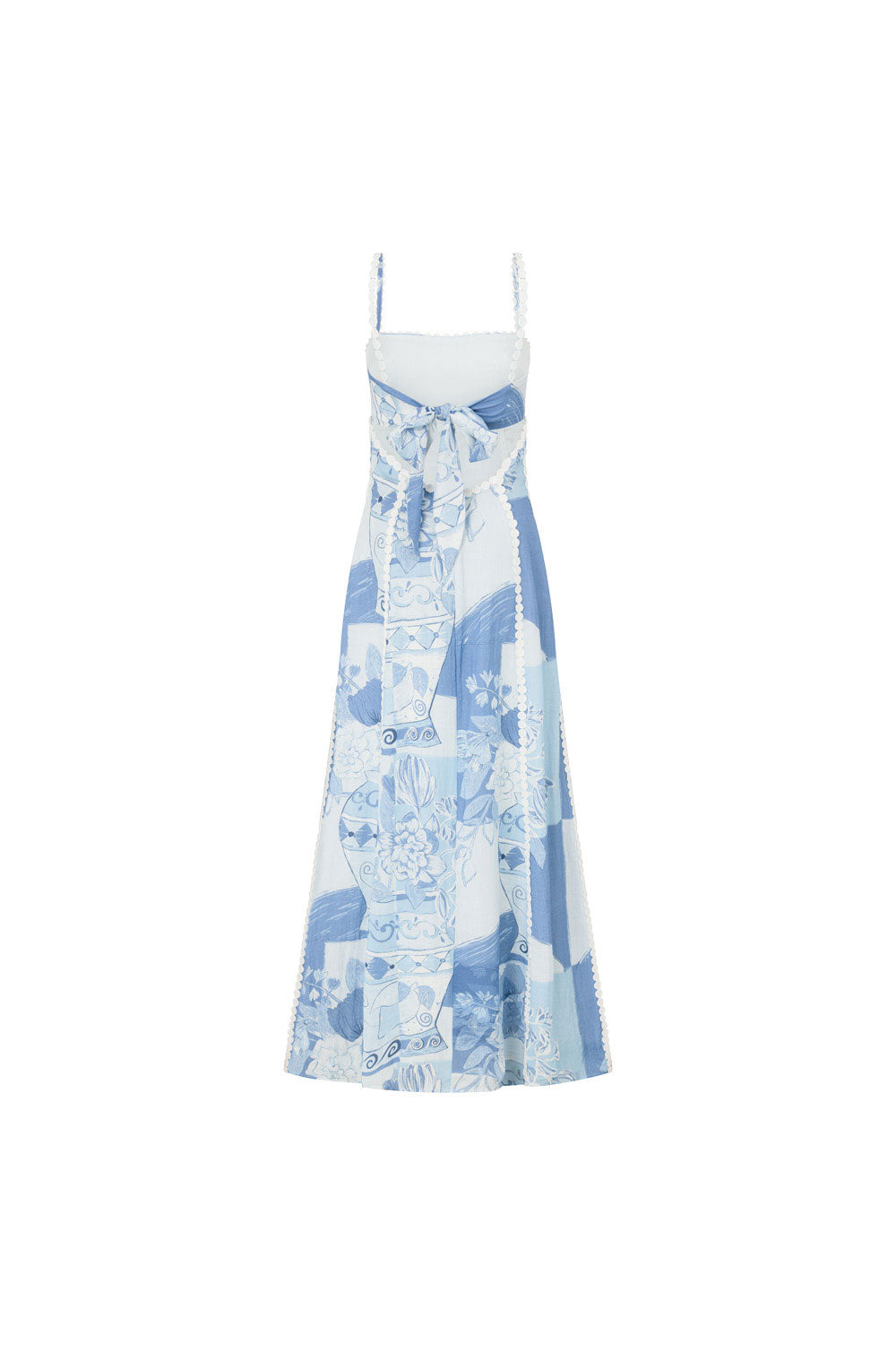 Back of the blue porcelain print maxi dress on a white background showing the tie back