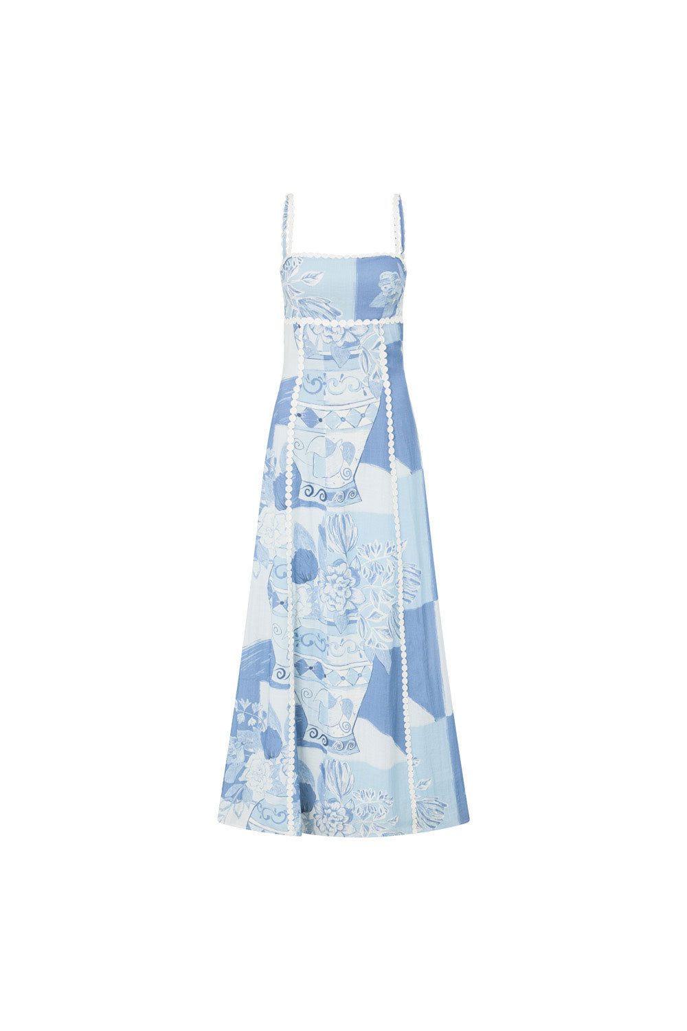 Front of the blue porcelain print maxi dress on a white background showing the square neck and A-line skirt