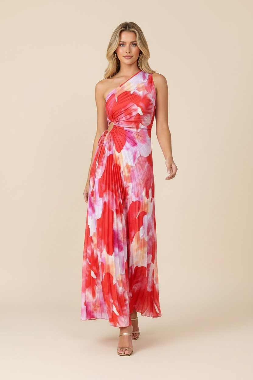 Juniper | Women's One-Shoulder Floral Pleated Maxi Wedding Guest Dress