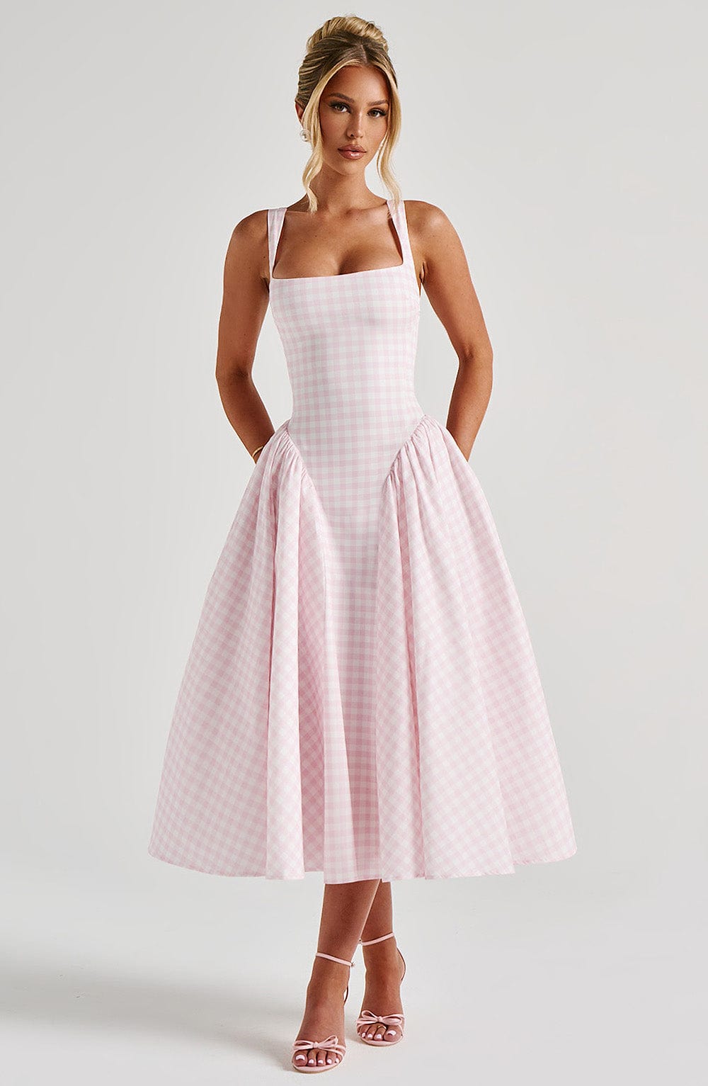 Kaydence | Women's Sleeveless Square-Neckline Gingham Midi Dress