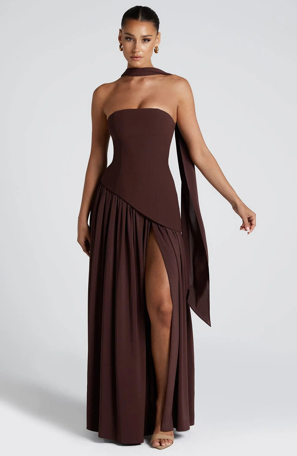 Lucinda | Women's Strapless Maxi Wedding Guest Dress with Scarf
