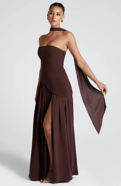 Lucinda | Women's Strapless Maxi Wedding Guest Dress with Scarf