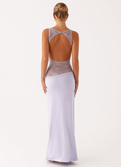 Back view of the lilac maxi dress showing the lace-trimmed open back cut-out