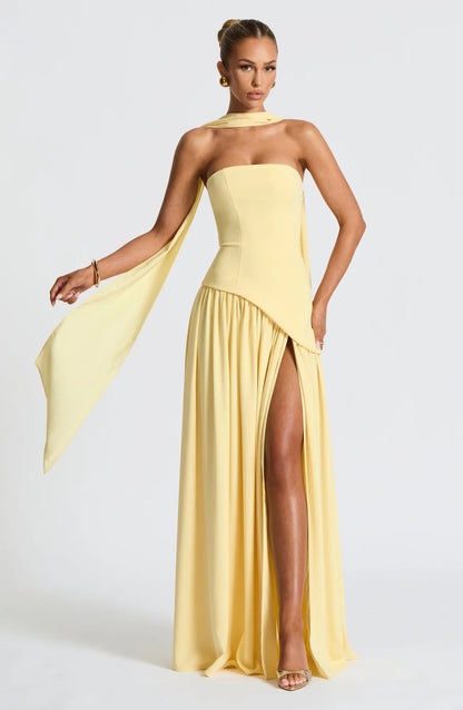 Lucinda | Women's Strapless Maxi Wedding Guest Dress with Scarf