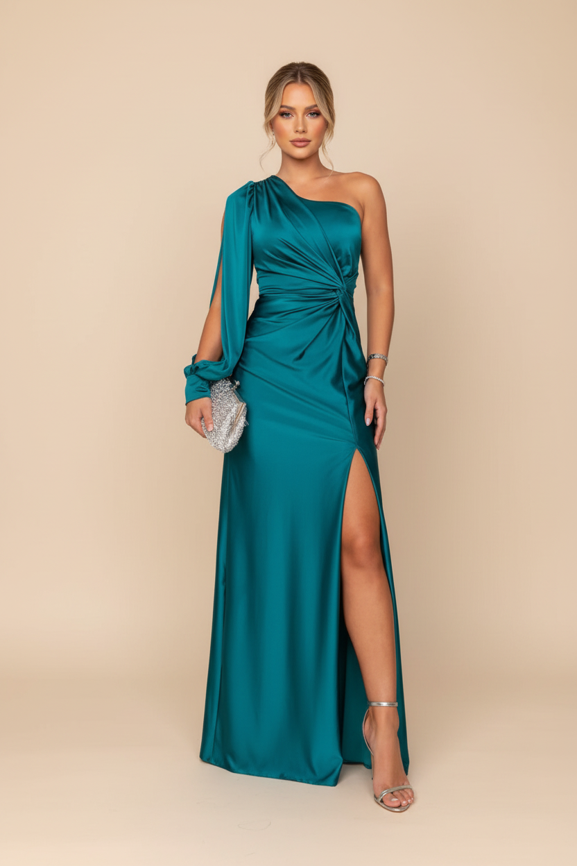 Rachel | Women's One-Shoulder Slit Satin Maxi Wedding Guest Dress