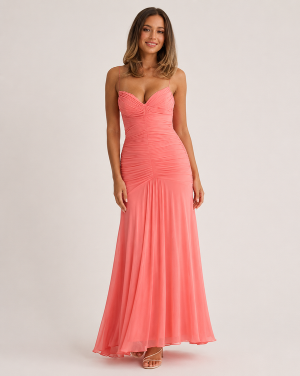 Front view of the Sienna coral ruched sweetheart maxi dress